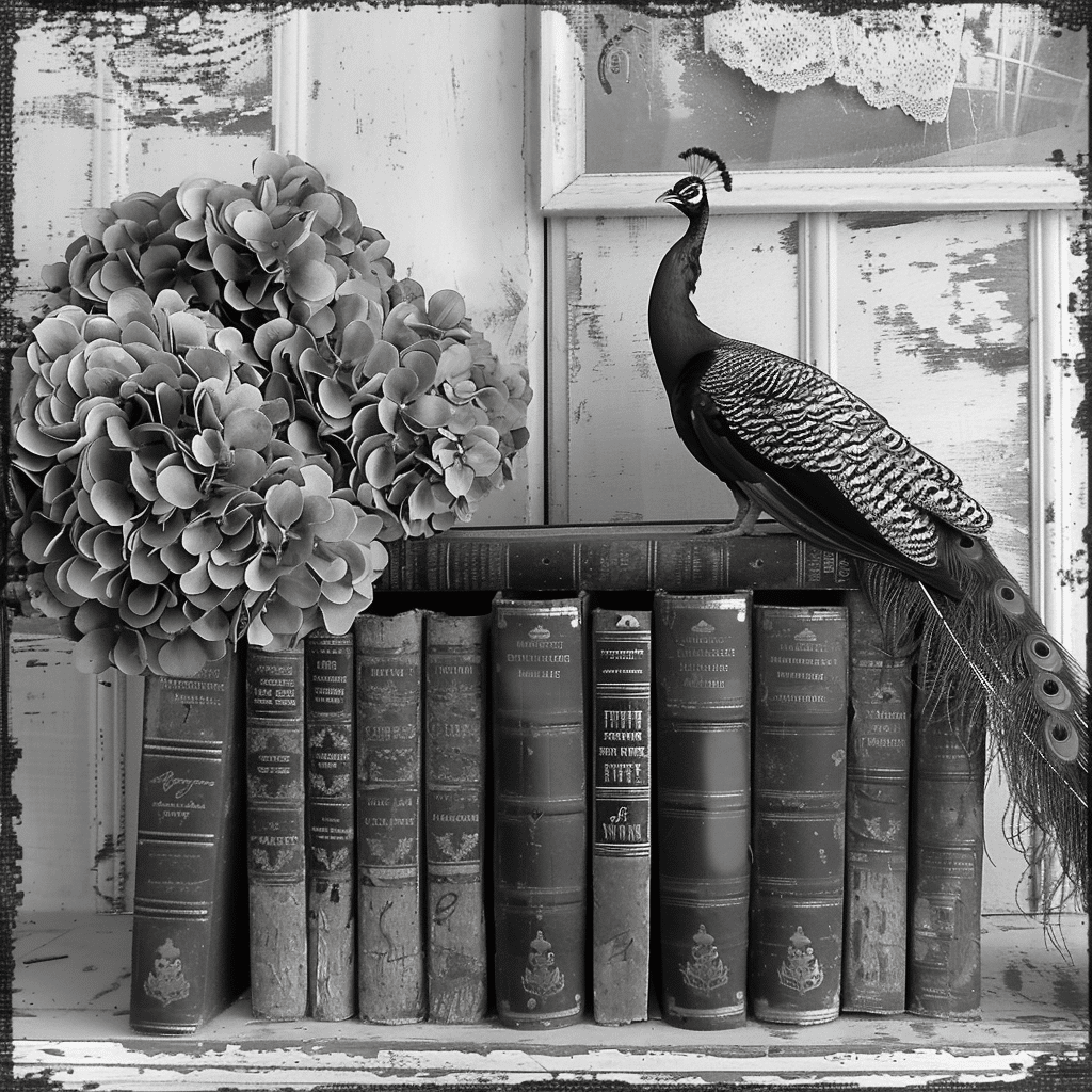 A peacock in a library