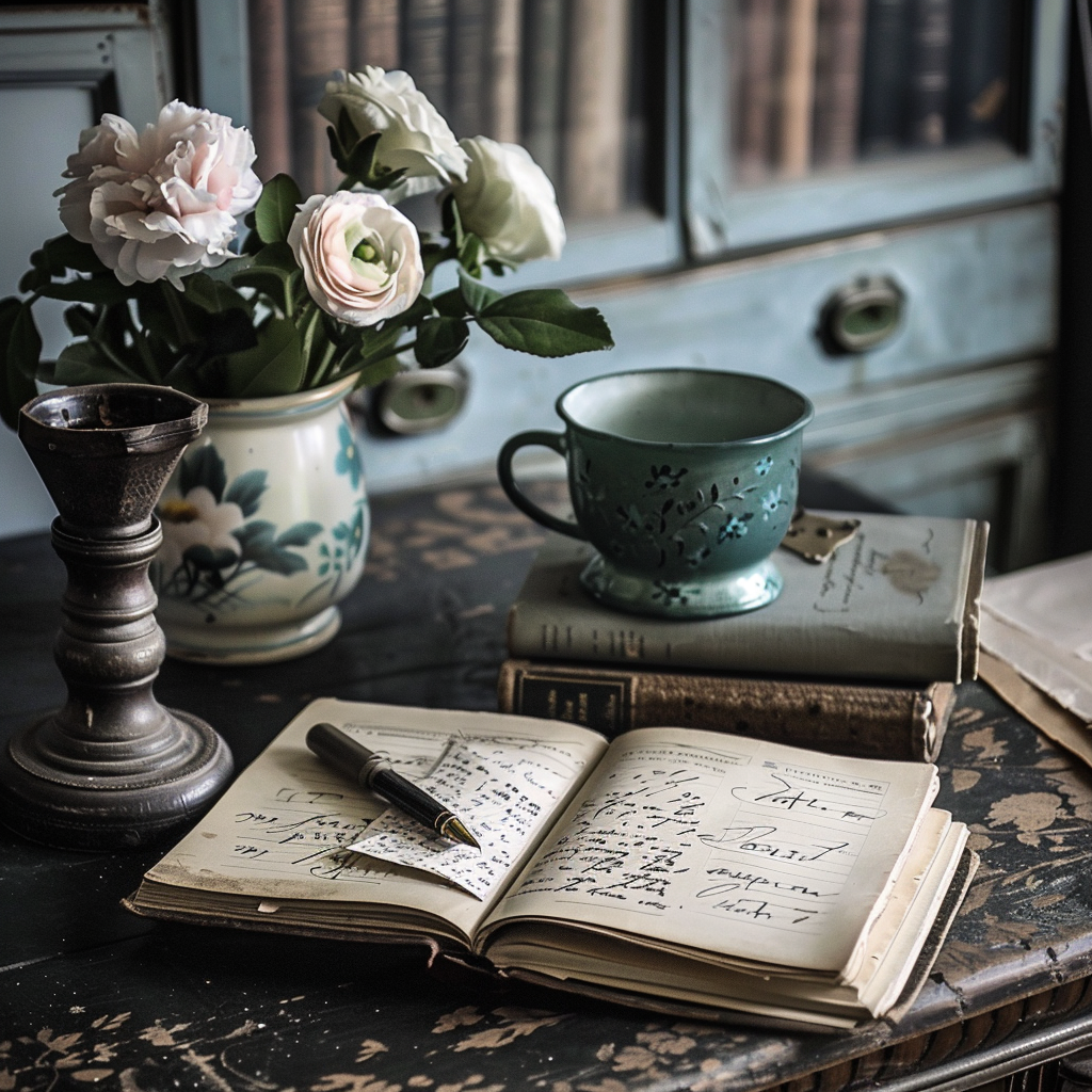 A diary open next to a coffee cup in a library