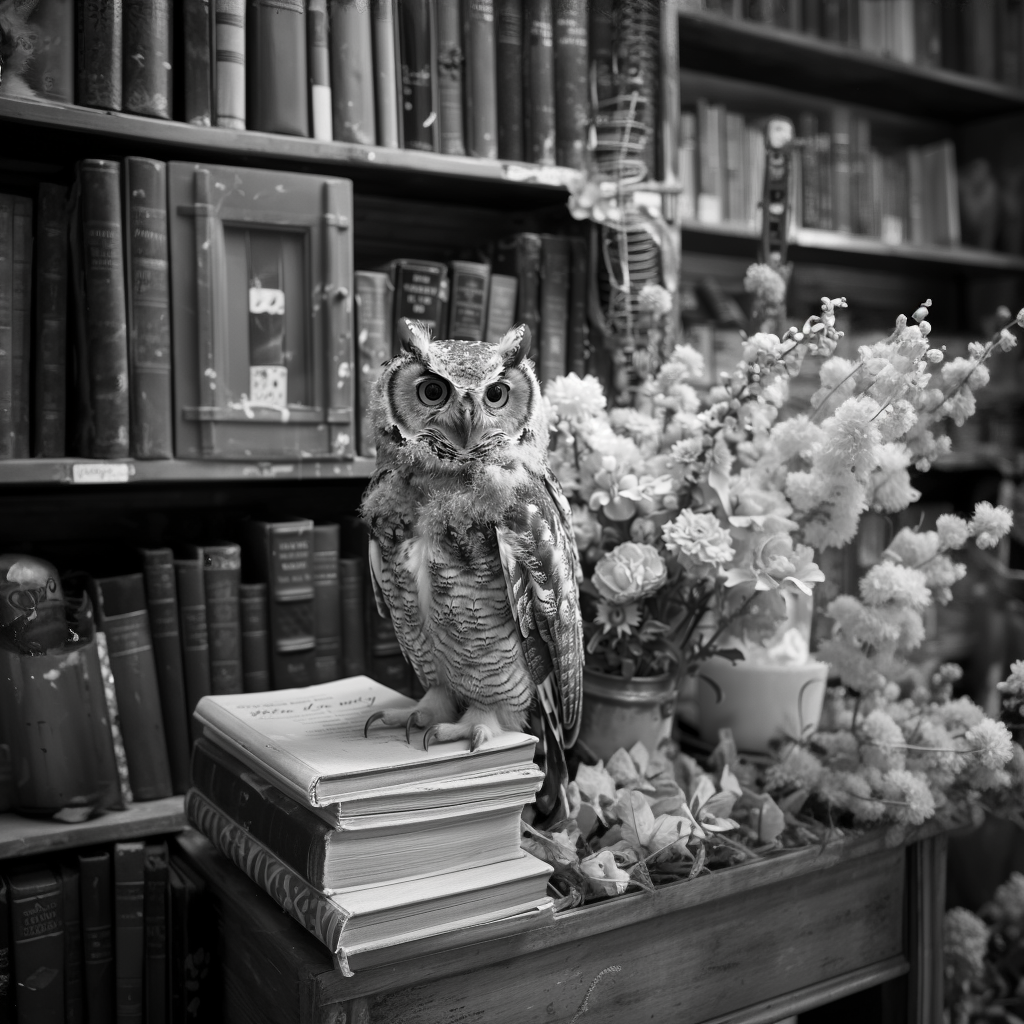 An Owl perched in a library