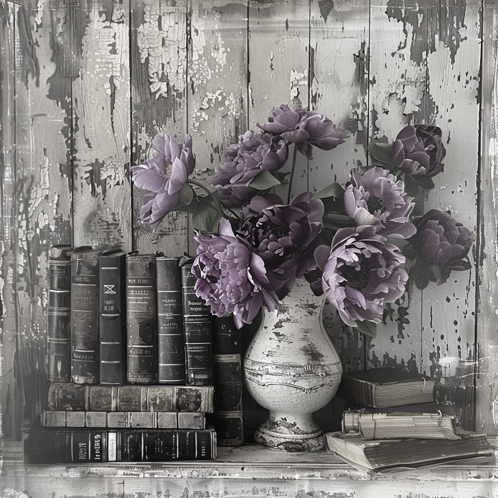 Flowers on a shelf with books