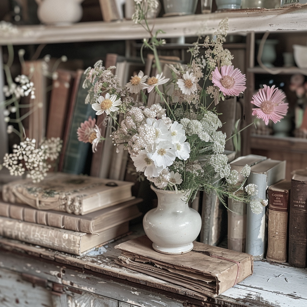 A floral arrangement in a library
