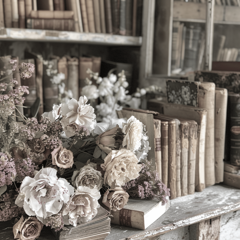Flowers in a library of books