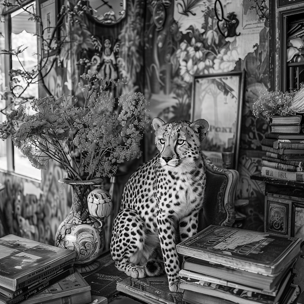 A leopard standing within a library of books