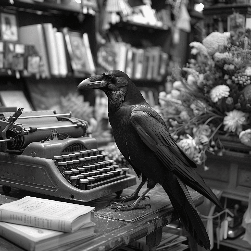 A raven in a library in front of a typewriter