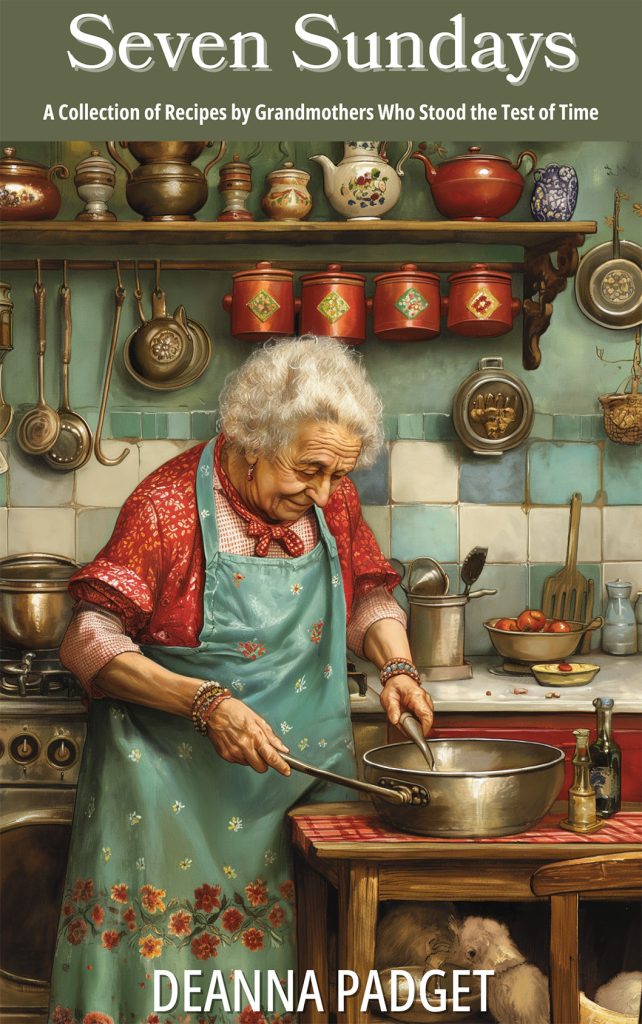 Seven Sundays book cover showing an old fashioned grandmother cooking in a vintage kitchen.