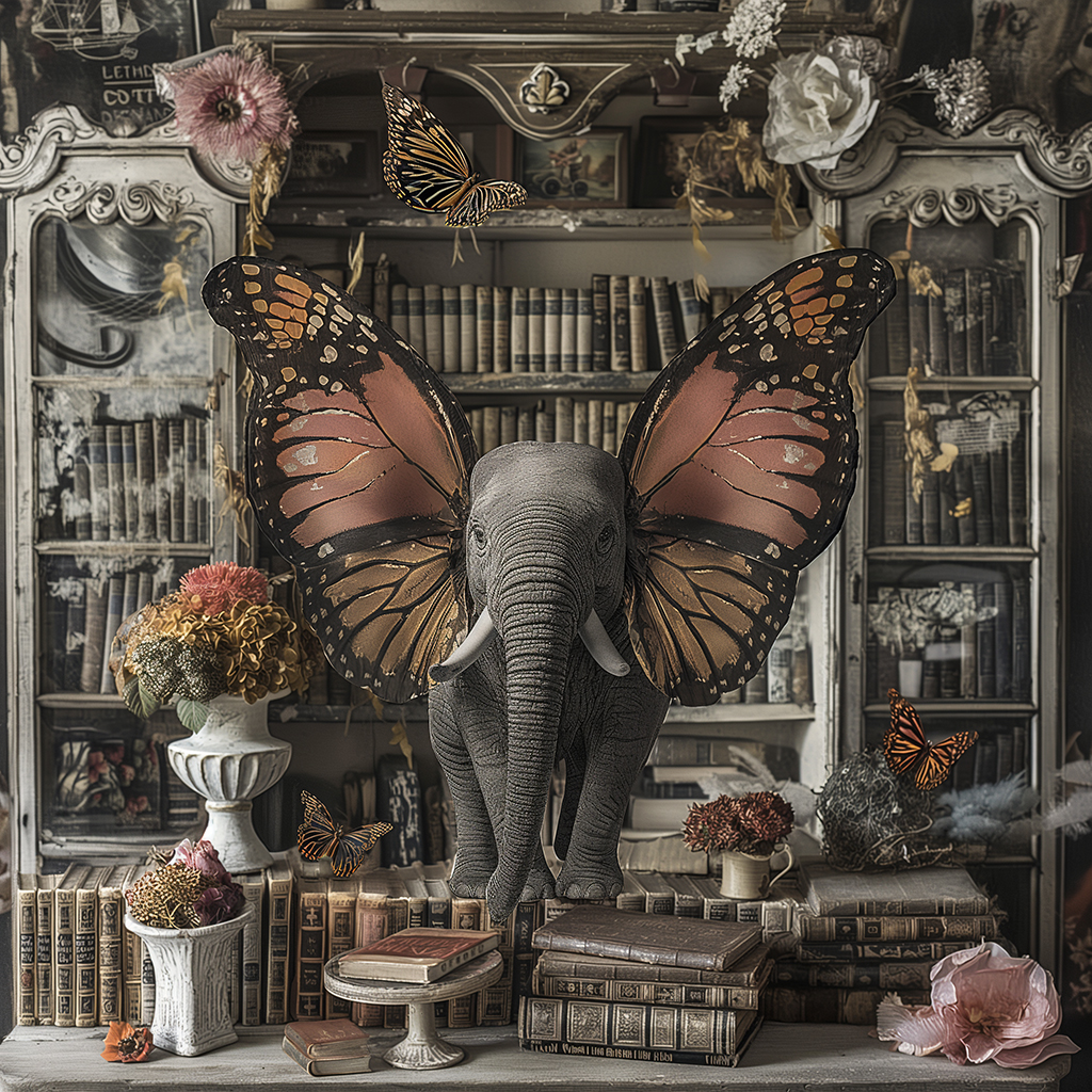 An elephant in a quaint home library